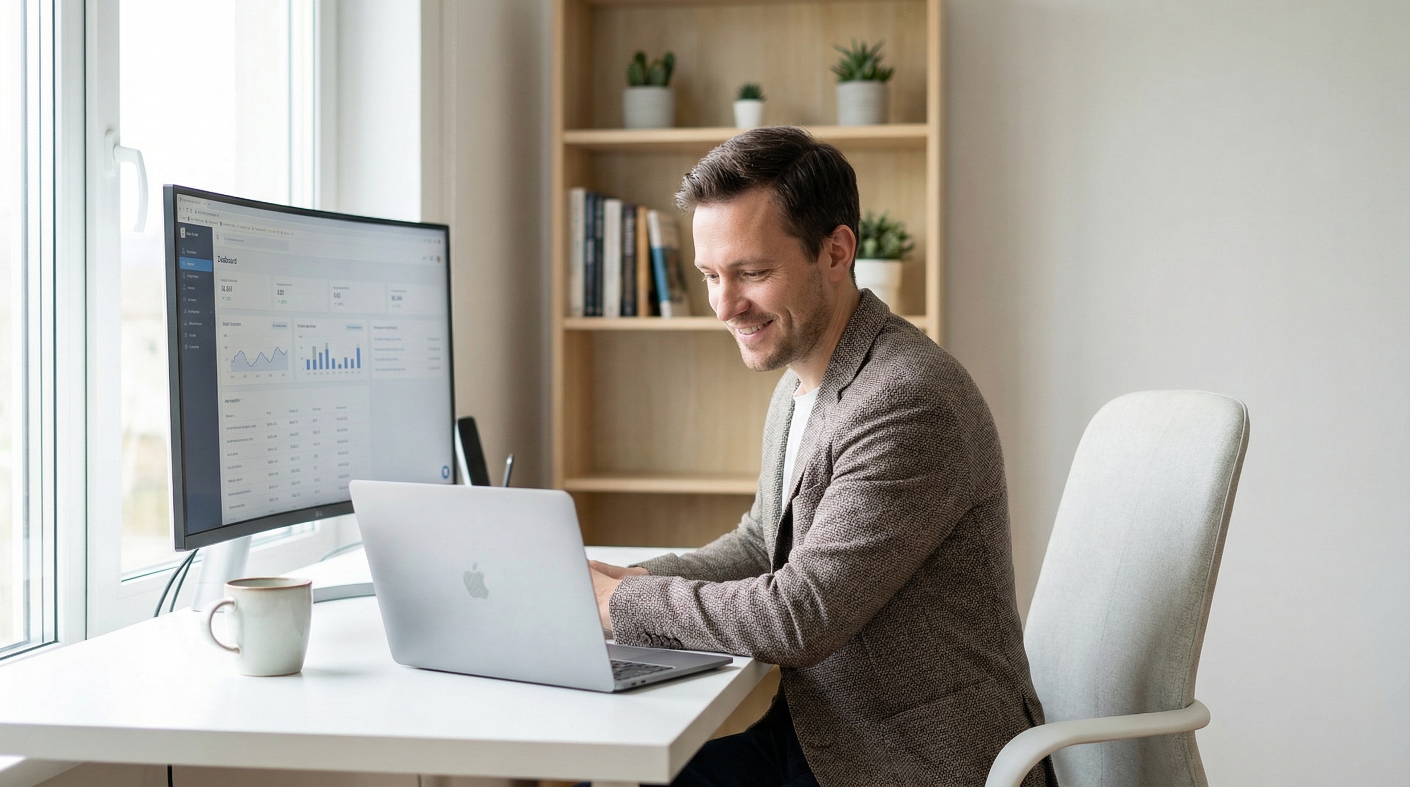 Professional studying online HR program from home office